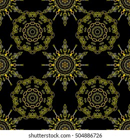 Cutout paper lace texture, vector tulle background, swirly seamless pattern in yellow colors.