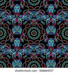 Cutout paper lace texture, vector tulle background, swirly seamless pattern in blue and green colors. Vector illustration.