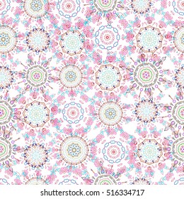 Cutout paper lace texture, vector tulle background, swirly seamless pattern in blue and magenta colors. Vector illustration.