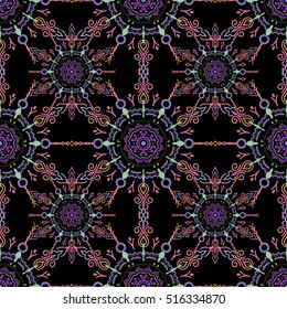 Cutout paper lace texture, vector tulle background, swirly seamless pattern in violet, yellow and neutral colors. Vector illustration.