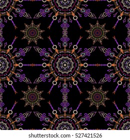 Cutout paper lace texture, vector tulle background, swirly seamless pattern in orange, blue and beige colors. Vector illustration.