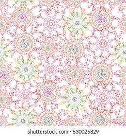 Cutout paper lace texture, vector tulle background, swirly seamless pattern in pink, green and yellow colors. Vector illustration.