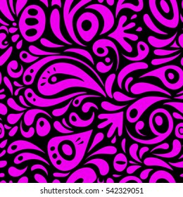 Cutout paper lace texture, vector tulle background, swirly seamless pattern in magenta colors. Vector illustration.