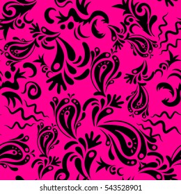 Cutout paper lace texture, vector tulle background, swirly seamless pattern in black and magenta colors. Vector illustration.