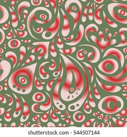 Cutout paper lace texture, vector tulle background, swirly seamless pattern in green, red and neutral colors. Vector illustration.