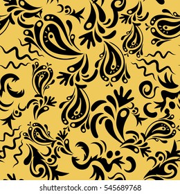 Cutout paper lace texture, vector tulle background, swirly seamless pattern in black and yellow colors. Vector illustration.