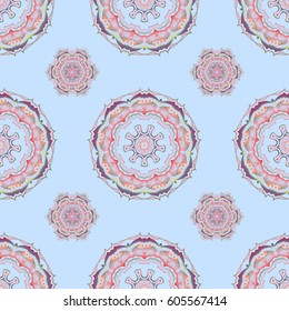 Cutout paper lace texture, vector tulle background, swirly seamless pattern in pink and blue colors. Vector illustration.