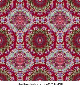 Cutout paper lace texture, vector tulle background, swirly seamless pattern in pink and red colors. Vector illustration.
