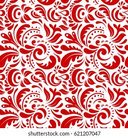 Cutout paper lace texture, vector tulle background, swirly seamless pattern in red colors. Vector illustration.
