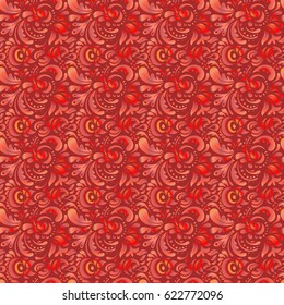 Cutout paper lace texture, vector tulle background, swirly seamless pattern in orange, red and pink colors. Vector illustration.
