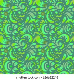 Cutout paper lace texture, vector tulle background, swirly seamless pattern in green colors. Vector illustration.