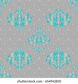 Cutout paper lace texture, vector tulle background, swirly seamless pattern in blue, beige and gray colors. Vector illustration.