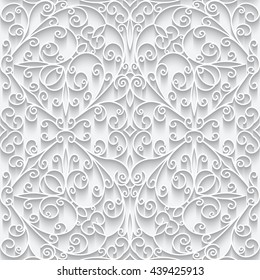 Cutout paper lace texture, white swirly ornament, vector seamless pattern in neutral color