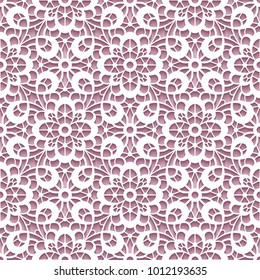 Cutout paper ornament, lace texture, vector seamless pattern in pinkish color, eps10