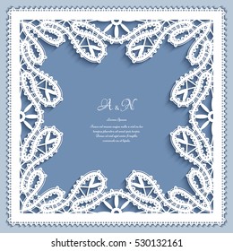 Cutout paper ornament, square frame with tatting lace border decoration, greeting card or wedding invitation template, eps10 vector illustration