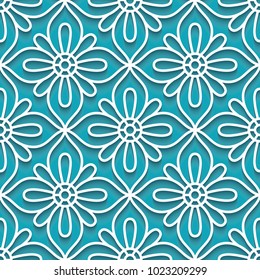 Cutout paper ornament, vector lace texture, tulle seamless pattern on turquoise, background, eps10