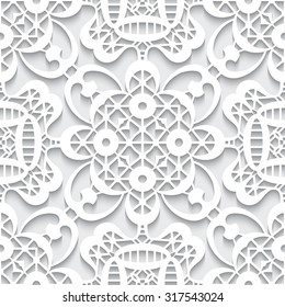 Cutout paper ornament, white lace texture, lace pattern, vector seamless pattern