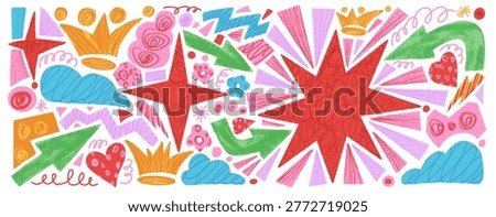 Cutout paper playful figures with crayon and collage texture for colorful poster and funky card. Bright geometric shapes as cutout paper scrapbook star, hearts. Vector design elements isolated.