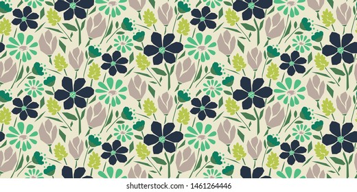 Cutout paper style flower seamless vector pattern. Artistic florals and plants fabric textile print green background.