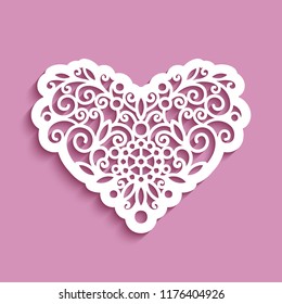 Cutout paper swirls in shape of heart, curly lace ornament, vector template for laser cutting, elegant stencil decoration for wedding invitation or valentine’s day greeting card