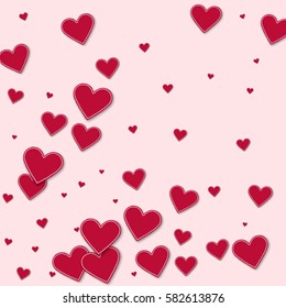 Cutout red paper hearts. Abstract pattern with cutout red paper hearts on light pink background. Vector illustration.