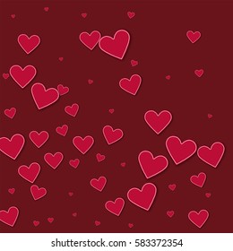 Cutout red paper hearts. Abstract mess with cutout red paper hearts on wine red background. Vector illustration.