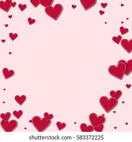 Cutout red paper hearts. Bordered frame with cutout red paper hearts on light pink background. Vector illustration.