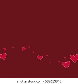 Cutout red paper hearts. Bottom wave with cutout red paper hearts on wine red background. Vector illustration.
