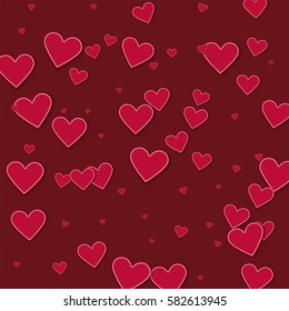 Cutout red paper hearts. Chaotic scatter lines with cutout red paper hearts on wine red background. Vector illustration.