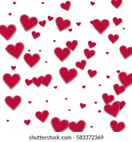 Cutout red paper hearts. Chaotic scatter lines with cutout red paper hearts on white background. Vector illustration.
