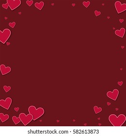 Cutout red paper hearts. Corner frame with cutout red paper hearts on wine red background. Vector illustration.