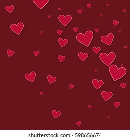 Cutout red paper hearts. Random gradient scatter with cutout red paper hearts on wine red background. Vector illustration.