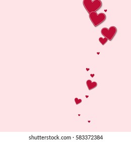 Cutout red paper hearts. Right wave with cutout red paper hearts on light pink background. Vector illustration.
