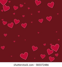 Cutout red paper hearts. Scatter pattern with cutout red paper hearts on wine red background. Vector illustration.