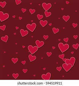 Cutout red paper hearts. Scatter vertical lines on wine red background. Vector illustration.