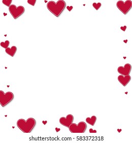 Cutout red paper hearts. Square scattered border with cutout red paper hearts on white background. Vector illustration.