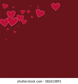 Cutout red paper hearts. Top left corner with cutout red paper hearts on wine red background. Vector illustration.