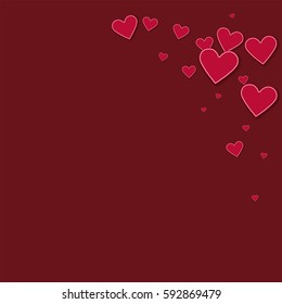 Cutout red paper hearts. Top right corner with cutout red paper hearts on wine red background. Vector illustration.
