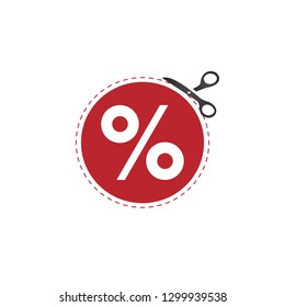 Cutout sale and discount illustration with percent icon and scissors. vector illustration isolated on white