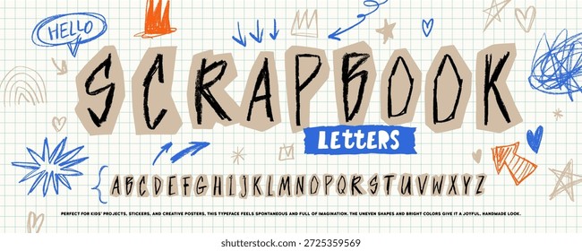 Cutout scrapbook letters with crayon scribbles. Scrapbook collage typography doodle letters on torn craft paper. Anonymous cutout font, paper cut craft crayon drawn whimsical funky characters.