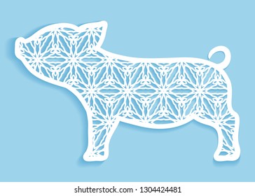 Cutout shape of Pig for laser cutting. Happy New Year 2019, decorative animal panel for greeting card with Chinese Zodiac sign of Pig. Isolated design element, Vector openwork filigree template