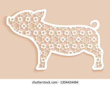 Cutout shape of Pig for laser cutting. Happy New Year 2019, decorative animal panel for greeting card with Chinese Zodiac sign of Pig. Isolated design element, Vector openwork filigree template