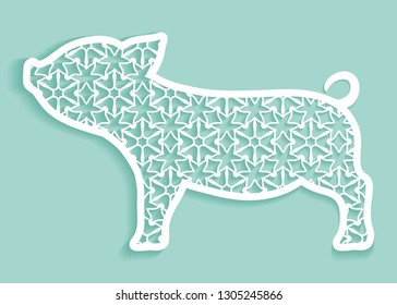 Cutout shape of Pig for laser cutting. Happy New Year 2019, decorative animal panel for greeting card with Chinese Zodiac sign of Pig. Isolated design element, Vector openwork filigree template