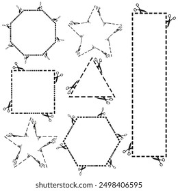 Cutout shapes set. Scissors and dotted lines. Black vector frames. Abstract design elements.