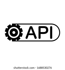 Cutout silhouette API with gear. Outline logo for software, computer programs and systems. Black simple illustration. Flat isolated vector image on white background. Horizontal icon concept