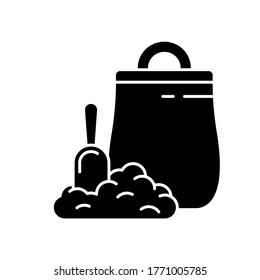 Cutout silhouette of bag with handle, scoop and hill. Black illustration of litter toilet, pet food, gardening soil, building materials. Outline icon. Flat isolated vector image on white background
