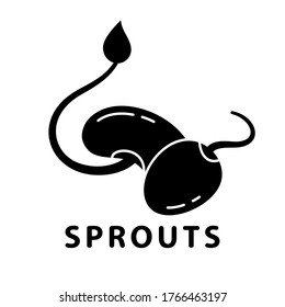 Cutout Silhouette Bean Sprout With Leaf And Soybean Icon. Outline Logo For Seeding, Sprouted Seeds. Black Illustration For Raw Food Diet, Fresh Salad Ingredients. Isolated Vector On White Background