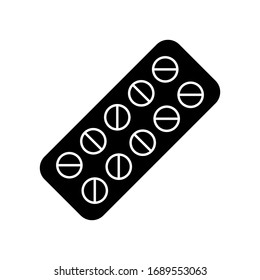 Cutout silhouette Blister pack of drugs. Outline icon of pill pack. Black illustration of round medicines in package. Flat isolated vector on white background. Sign of pharmacy, doctor, treatment, vitamins