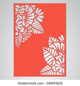   Cutout silhouette with botanical pattern. Filigree leaves for paper cutting. 