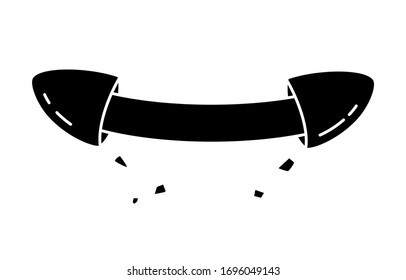 Cutout silhouette Broken fortune cookie with copy space. Outline  icon of two halves of cookies with strip of paper and flying crumbs. Flat isolated vector illustration on white background